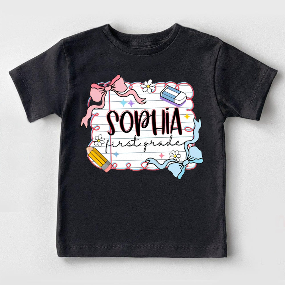 Personalized Name And Grade First Grade Cute Bows And School Supplies Toddler T-shirts