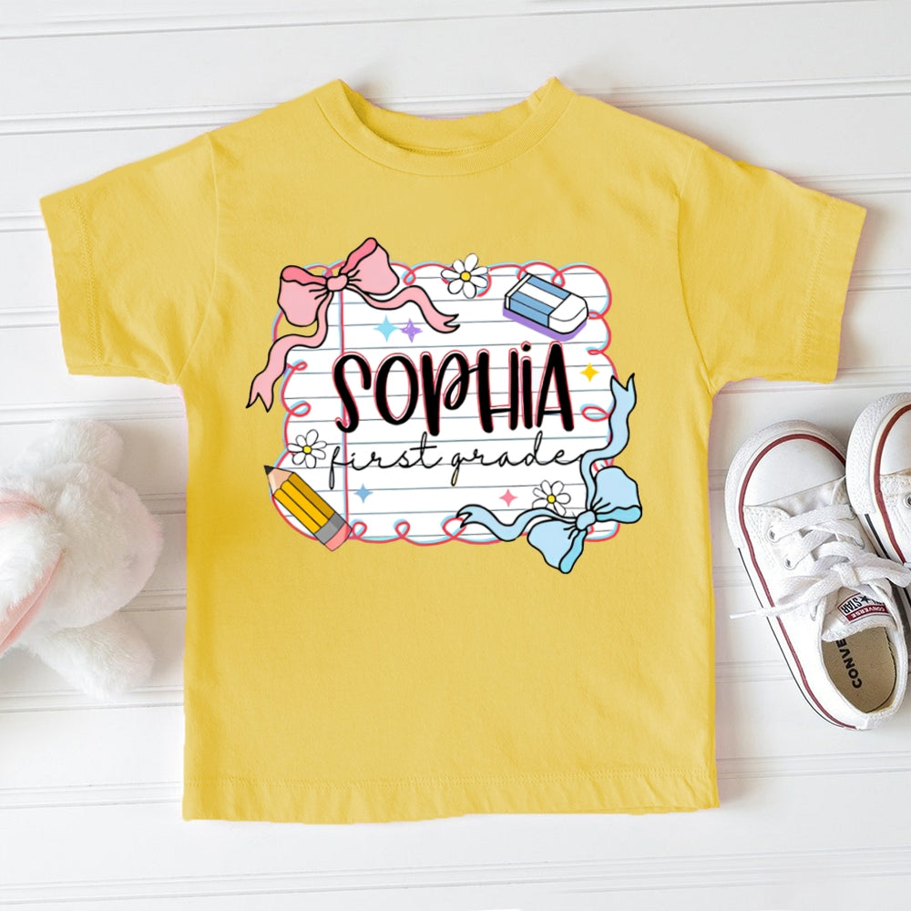 Personalized Name And Grade First Grade Cute Bows And School Supplies Toddler T-shirts