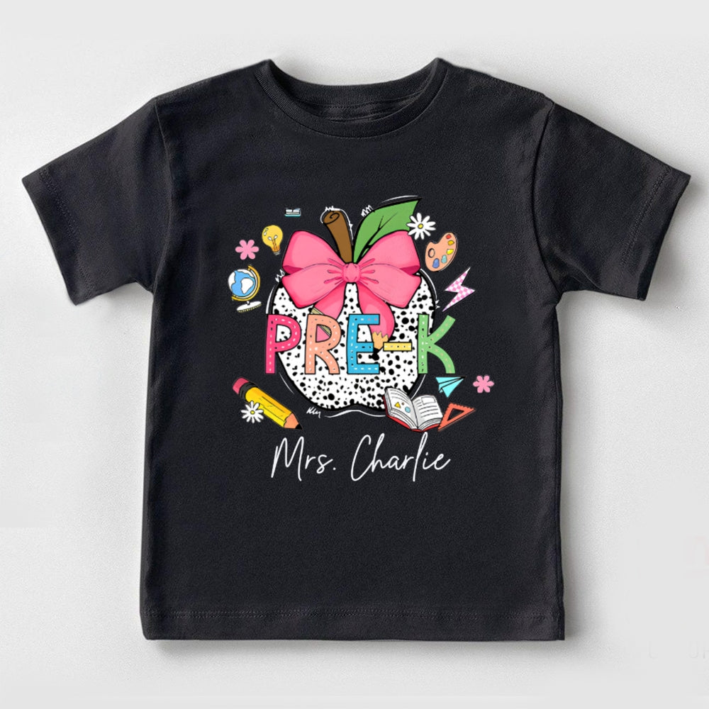 Personalized Name Pre-K Pink Bow And Polka Dot Apple Toddler T-shirts