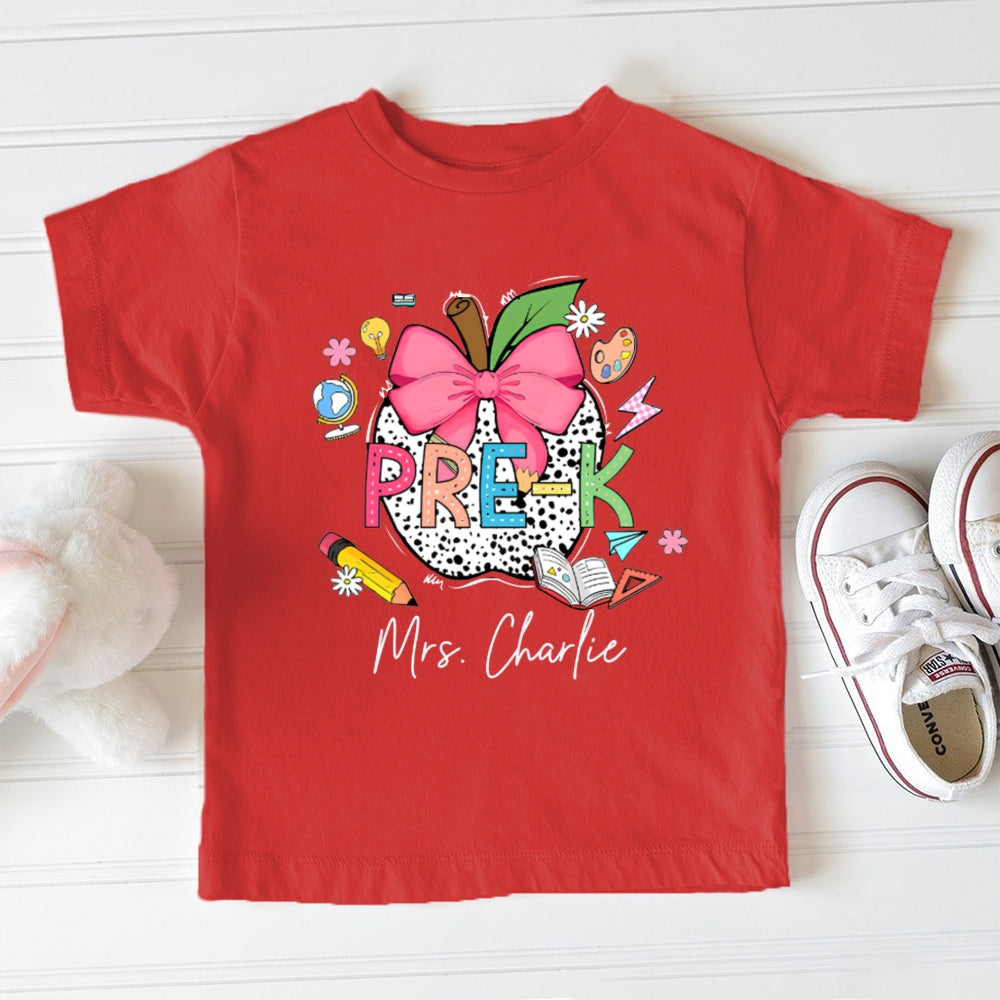 Personalized Name Pre-K Pink Bow And Polka Dot Apple Toddler T-shirts