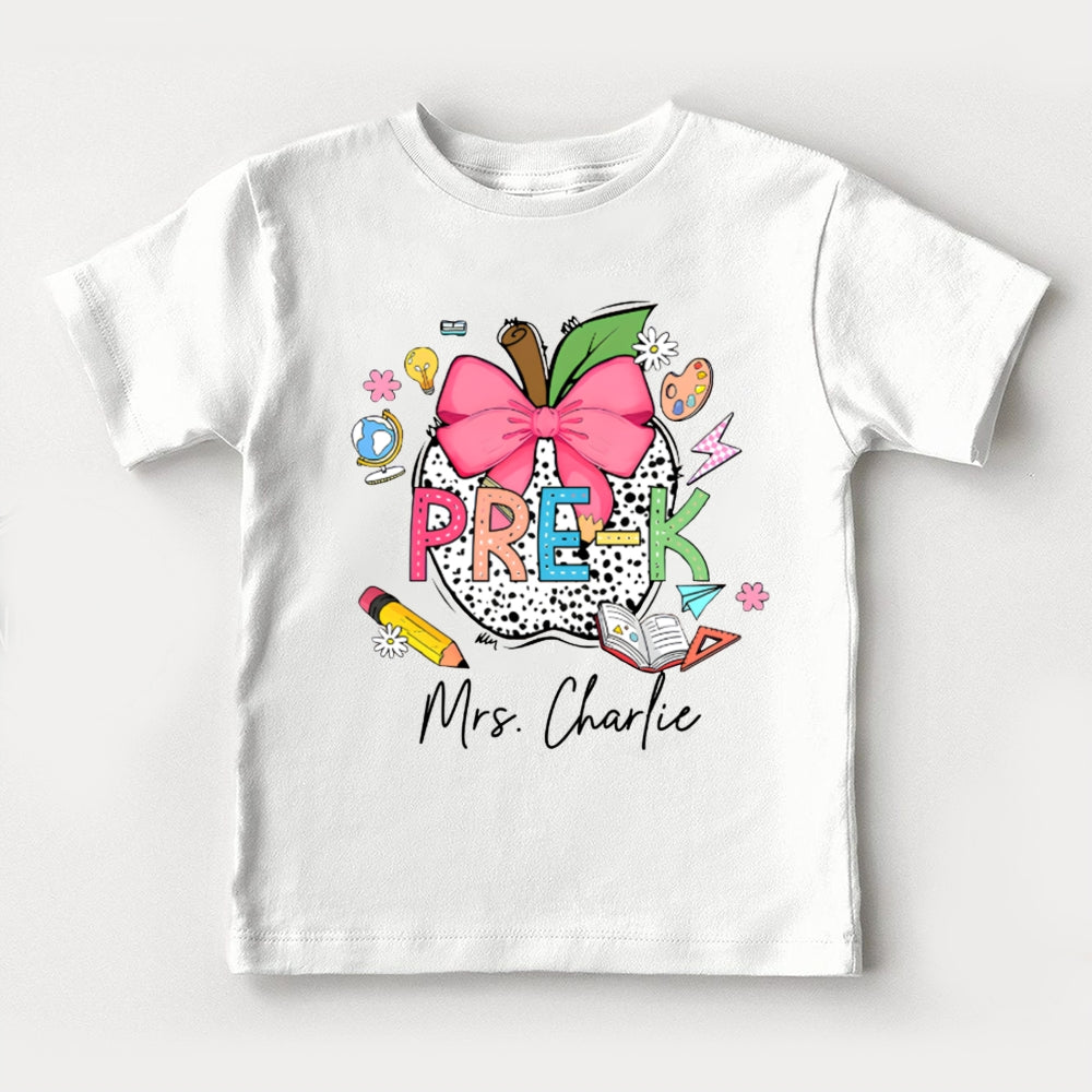 Personalized Name Pre-K Pink Bow And Polka Dot Apple Toddler T-shirts