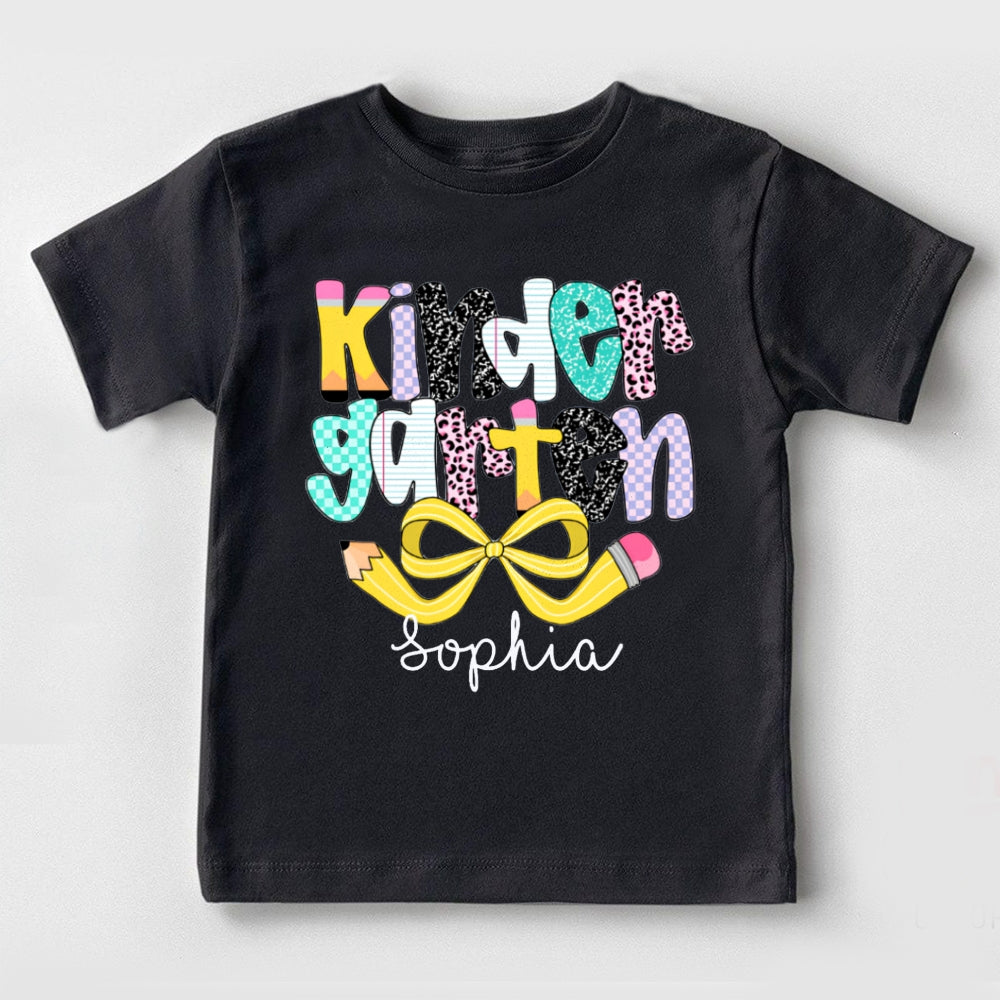 Personalized Name Kinder Garten Polka Dot Colored Letters And Yellow Bow Toddler T-shirts