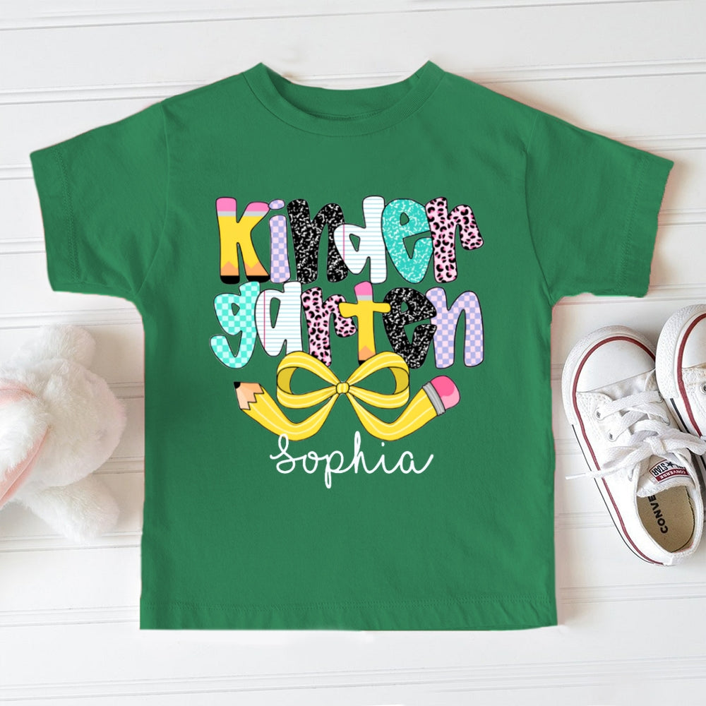 Personalized Name Kinder Garten Polka Dot Colored Letters And Yellow Bow Toddler T-shirts