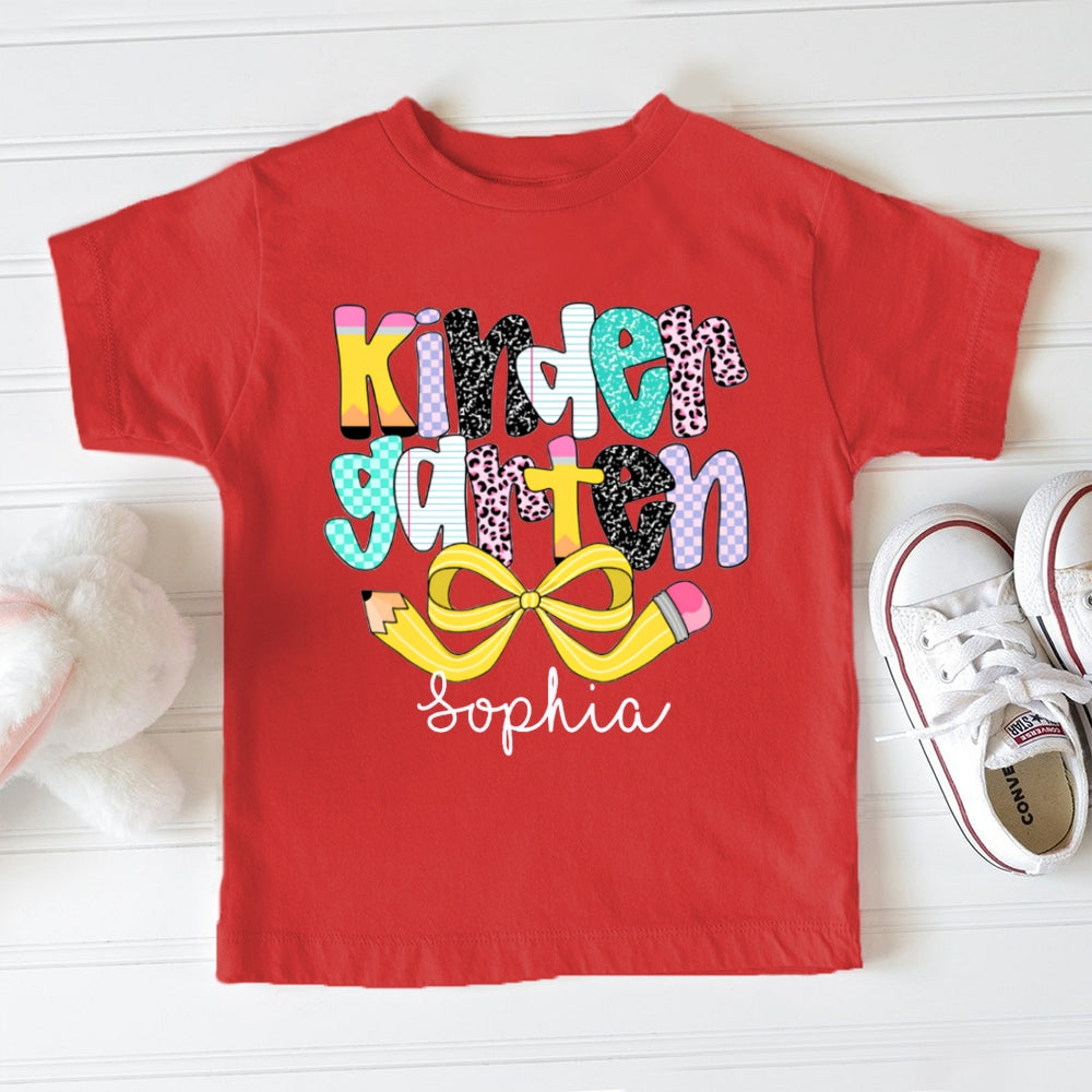 Personalized Name Kinder Garten Polka Dot Colored Letters And Yellow Bow Toddler T-shirts