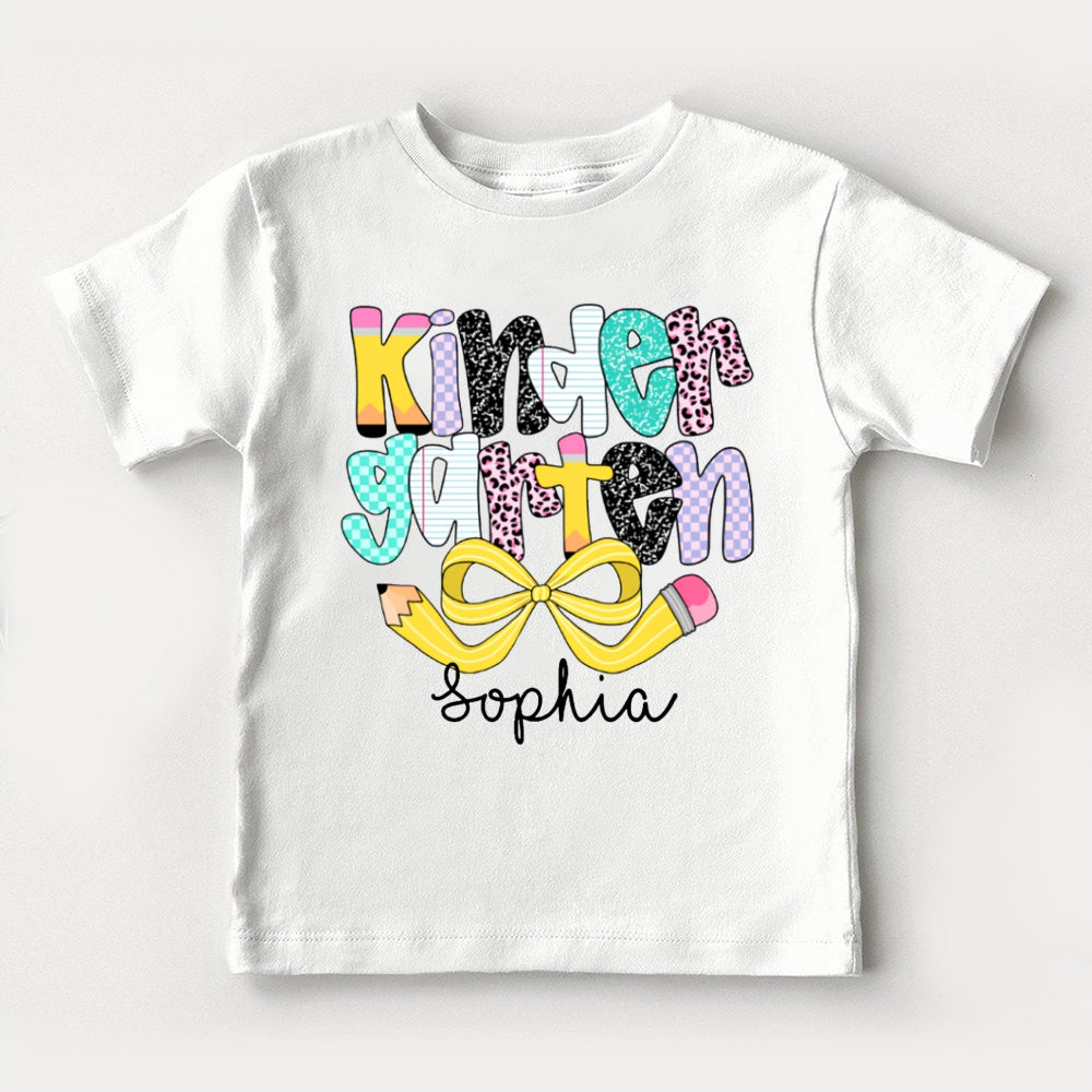Personalized Name Kinder Garten Polka Dot Colored Letters And Yellow Bow Toddler T-shirts