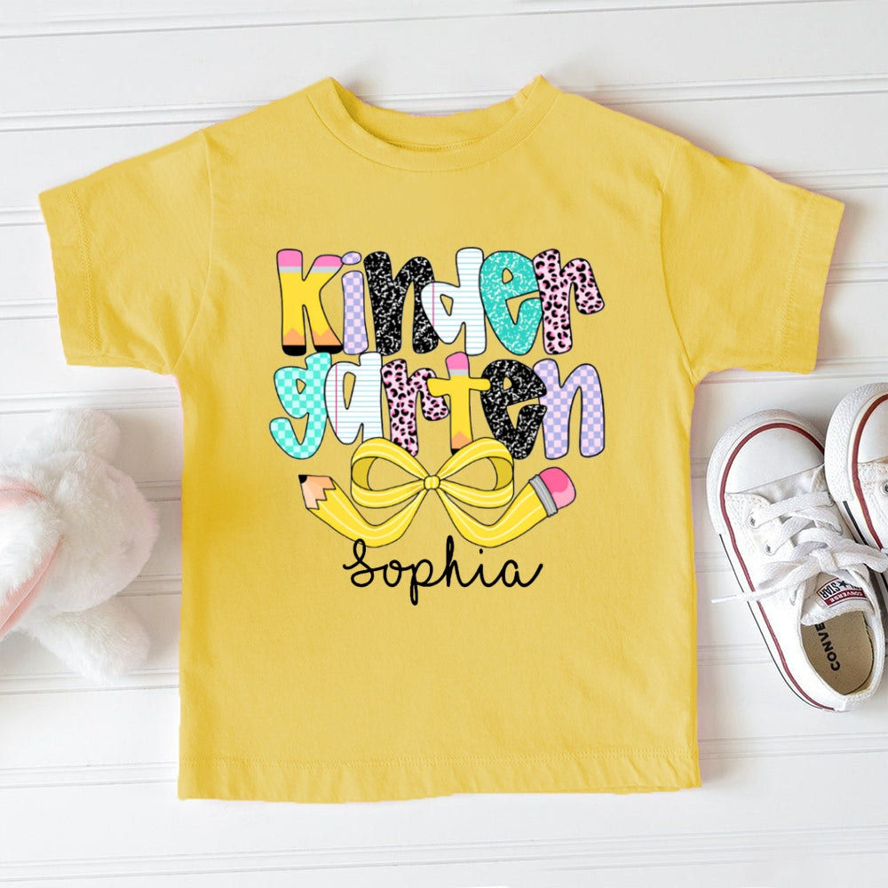 Personalized Name Kinder Garten Polka Dot Colored Letters And Yellow Bow Toddler T-shirts