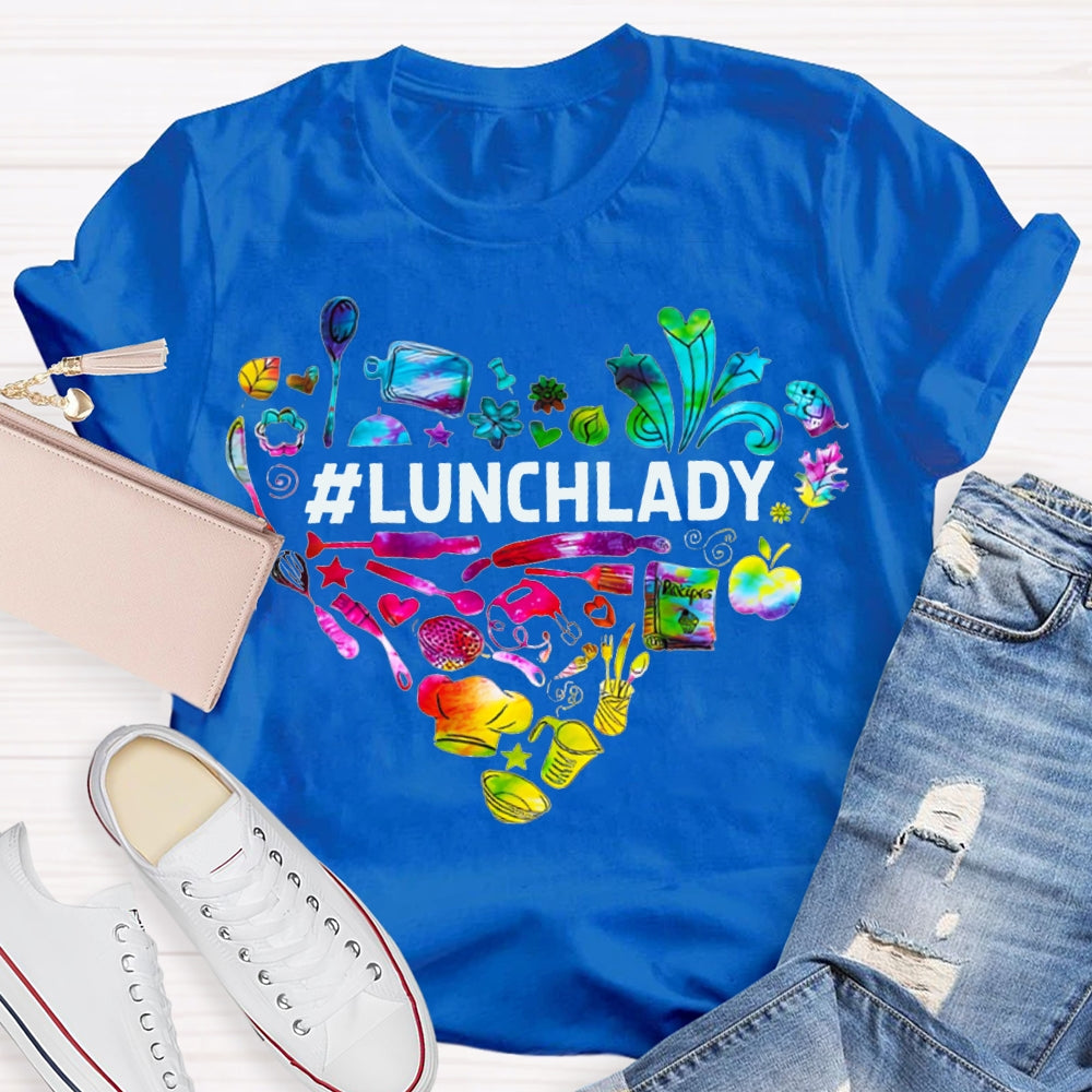 Lunch Lady Colorful Tie-Dye Heart-Shaped Letters T-shirt