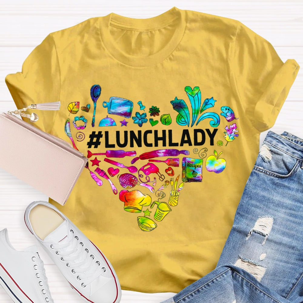 Lunch Lady Colorful Tie-Dye Heart-Shaped Letters T-shirt