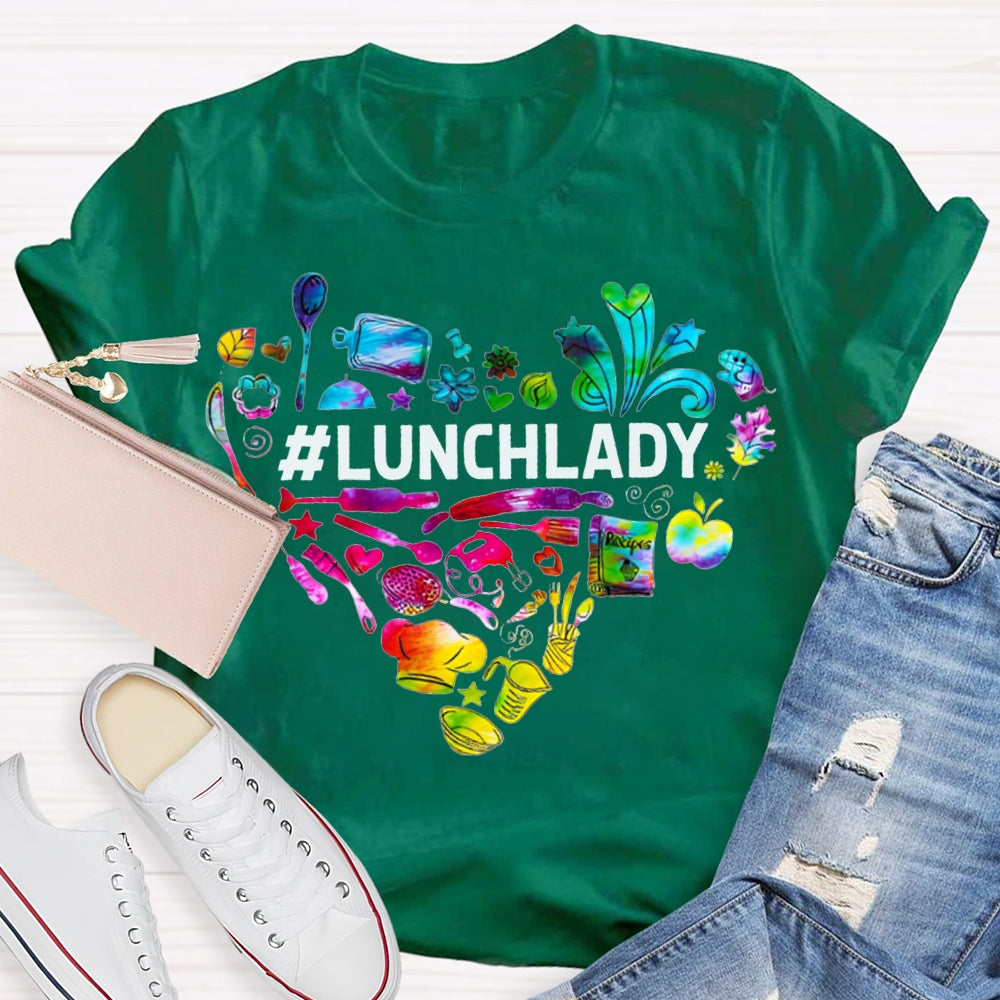 Lunch Lady Colorful Tie-Dye Heart-Shaped Letters T-shirt