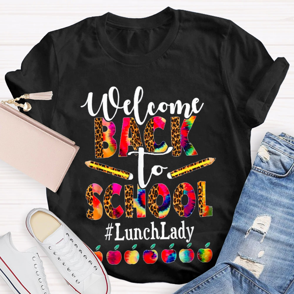 Welcome Back To School Lunch Lady Leopard Print And Tie-Dye Monogram Colorful Apples T-shirt