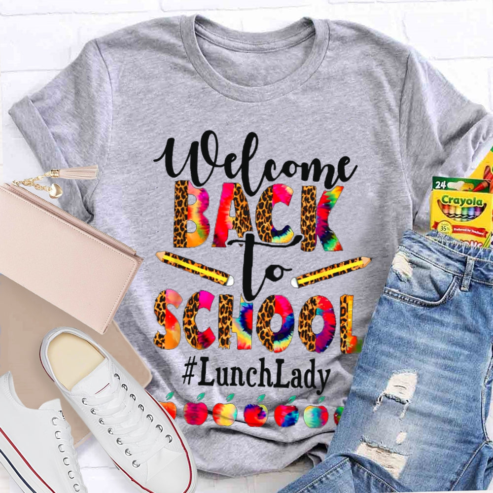 Welcome Back To School Lunch Lady Leopard Print And Tie-Dye Monogram Colorful Apples T-shirt
