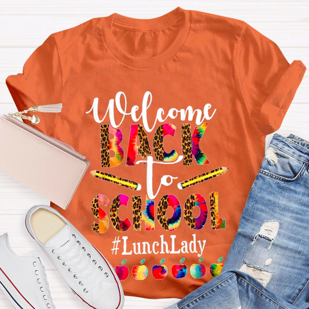 Welcome Back To School Lunch Lady Leopard Print And Tie-Dye Monogram Colorful Apples T-shirt