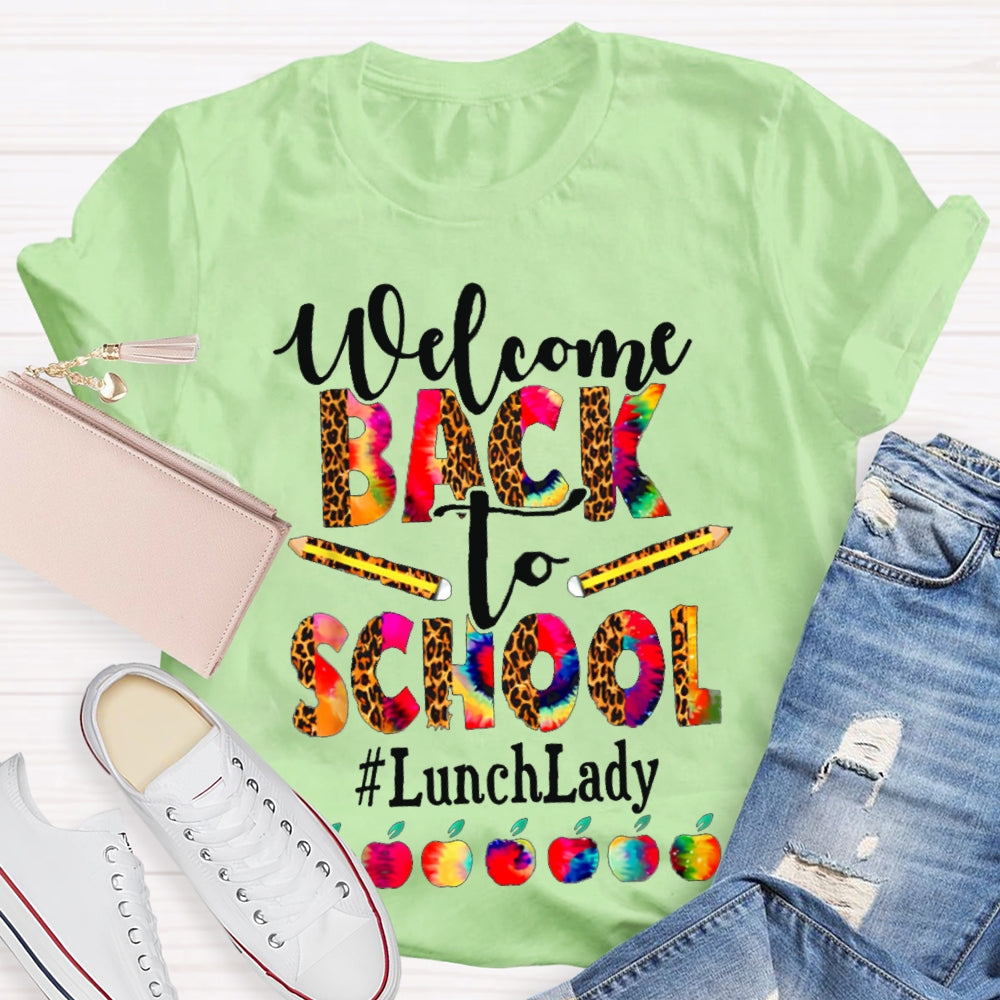 Welcome Back To School Lunch Lady Leopard Print And Tie-Dye Monogram Colorful Apples T-shirt