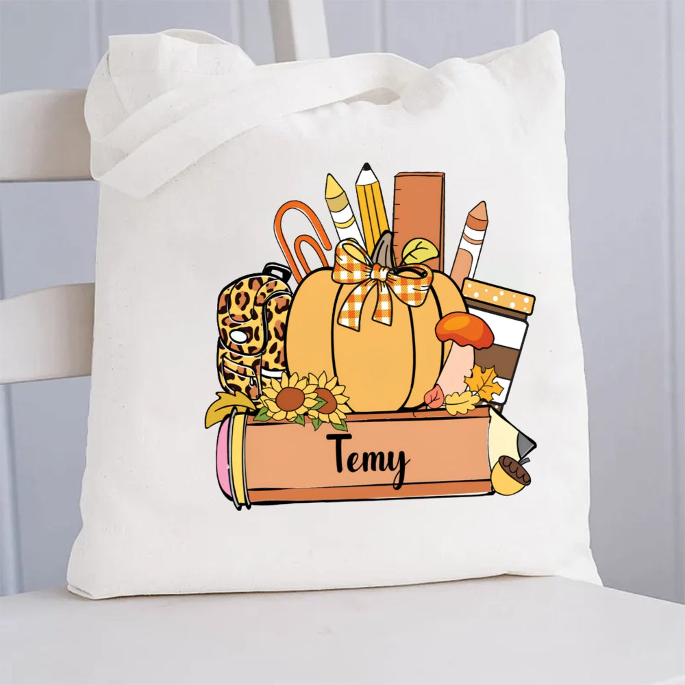 Personalized Name Fall Season Pencil Canvas Tote Bag