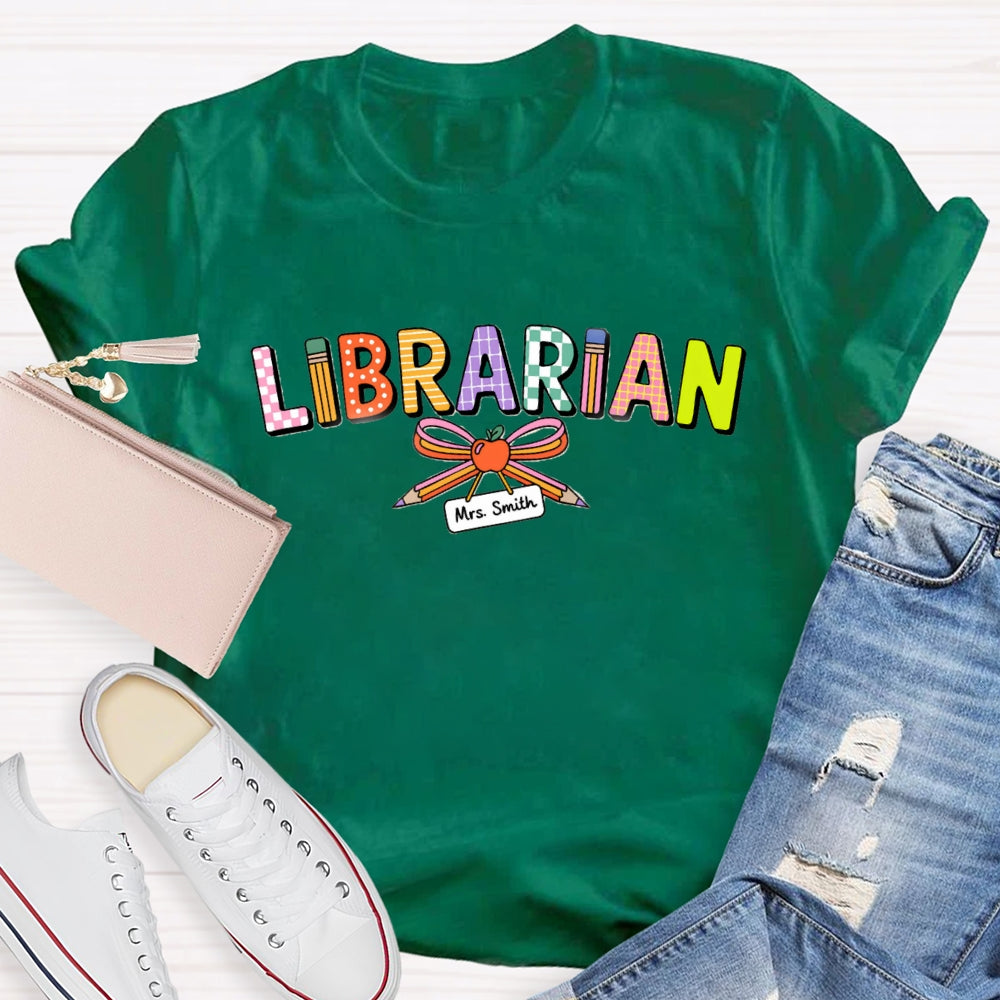 Personalized Name Librarian Pencil Bow T-Shirt