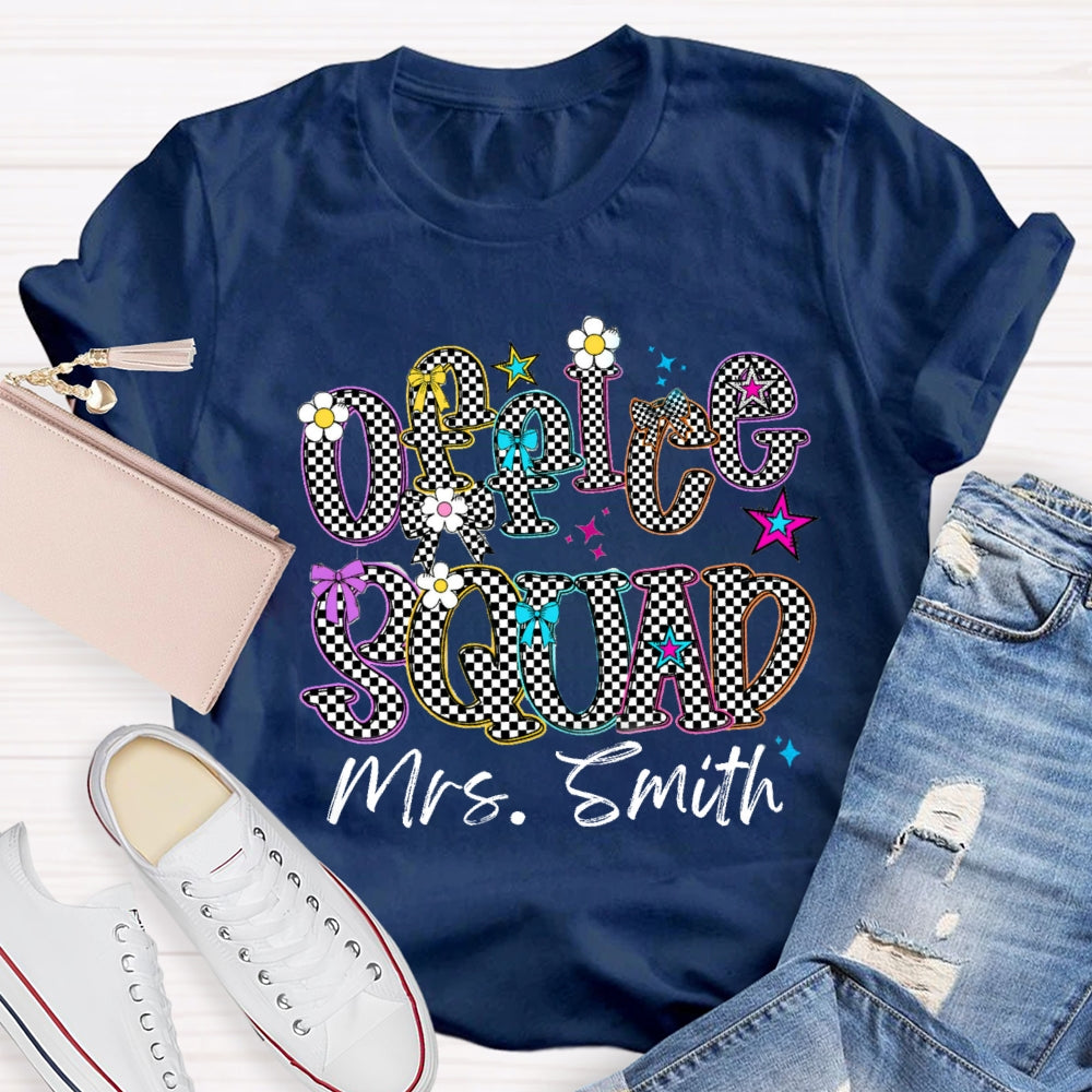 Personalized Name Office Squad Checkerboard Letter Print T-Shirt