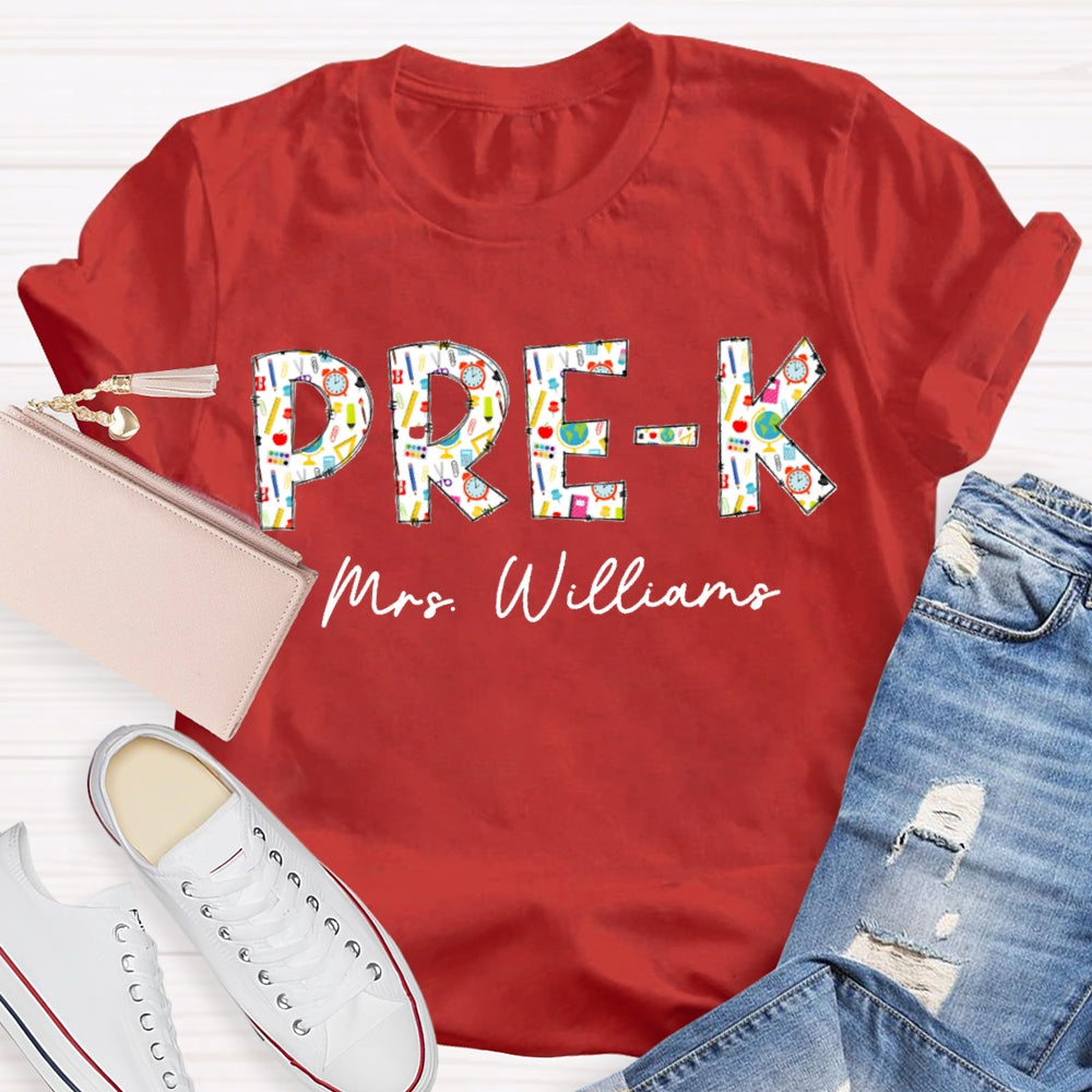 Personalized Name Pre-K Welcome Back To School Colorful Patterned Letters T-shirt
