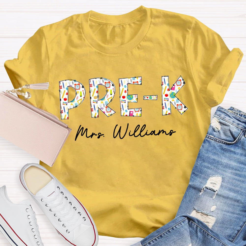 Personalized Name Pre-K Welcome Back To School Colorful Patterned Letters T-shirt