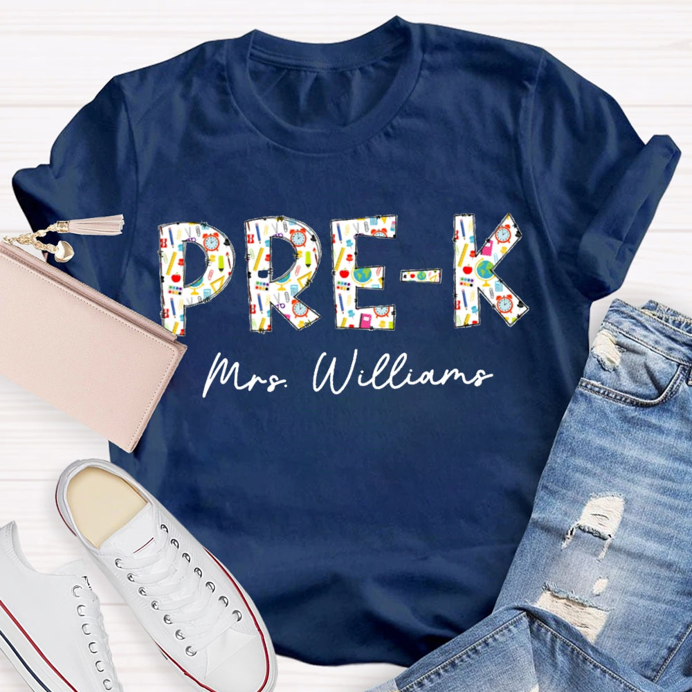 Personalized Name Pre-K Welcome Back To School Colorful Patterned Letters T-shirt