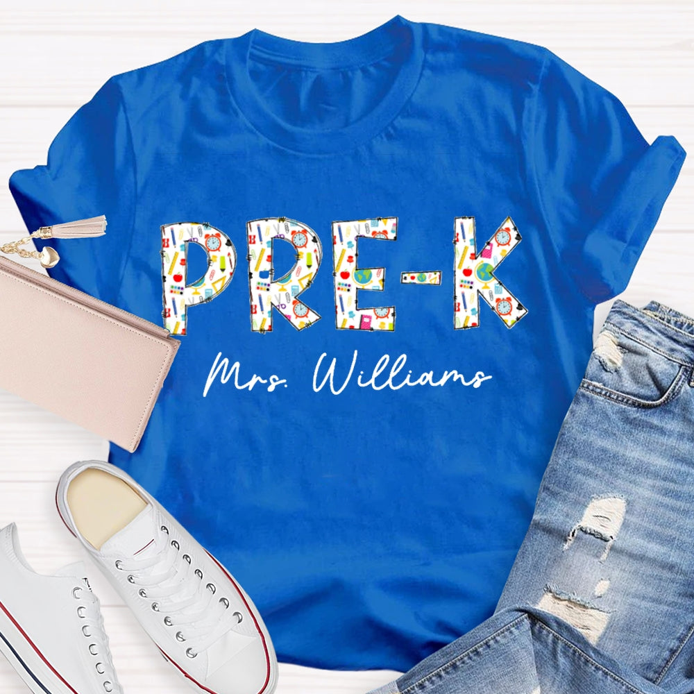 Personalized Name Pre-K Welcome Back To School Colorful Patterned Letters T-shirt