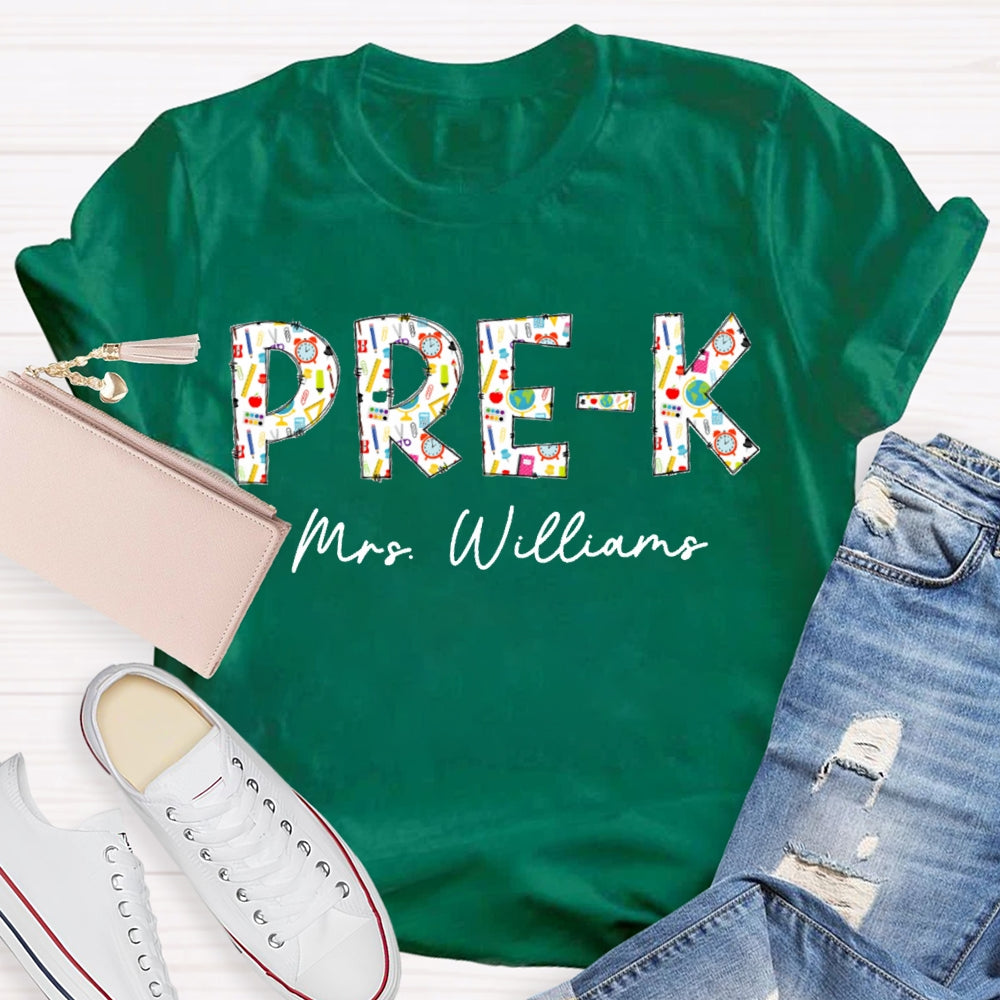 Personalized Name Pre-K Welcome Back To School Colorful Patterned Letters T-shirt