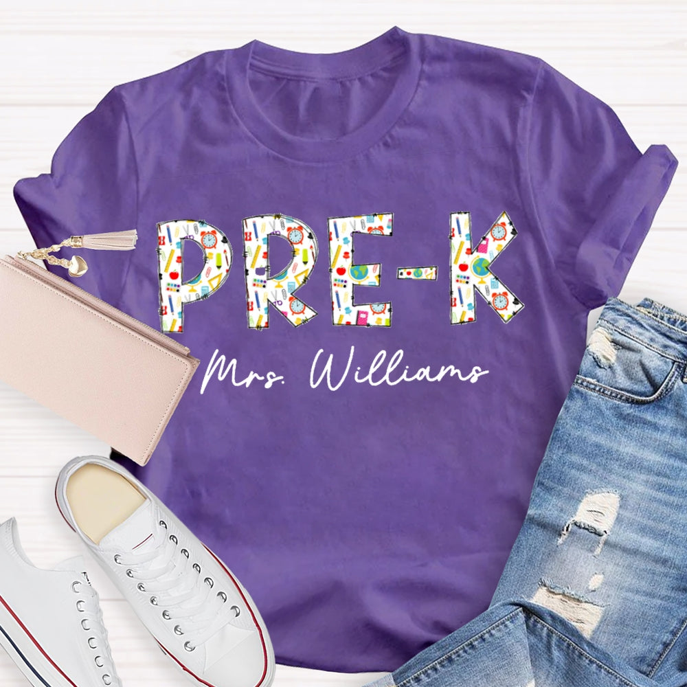 Personalized Name Pre-K Welcome Back To School Colorful Patterned Letters T-shirt