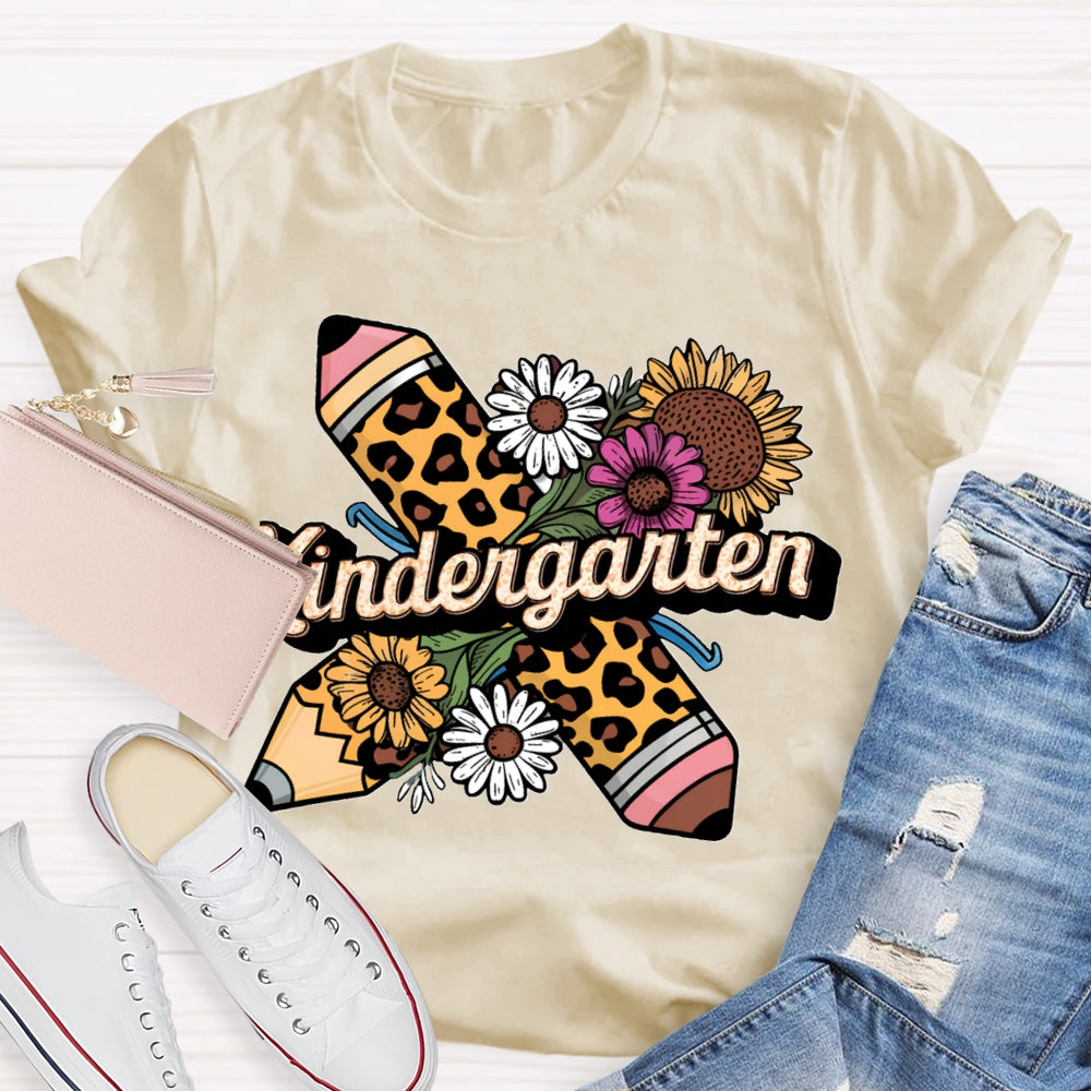 Personalized Grade Kindergarten Leopard Pencils And Sunflowers T-shirt