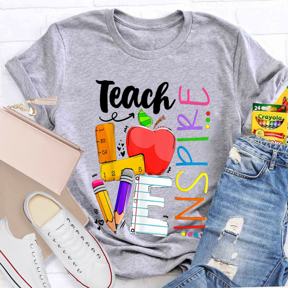 Teach Love Inspire Apple And Colored Fonts T-shirt