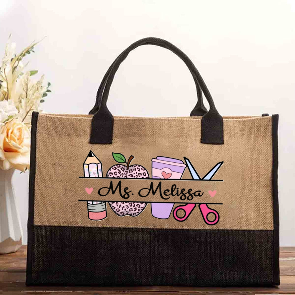 Personalized Name Purple Apple And Pencil Cotton Tote Bag