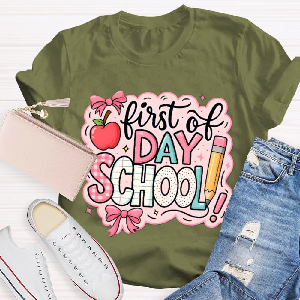 First Day Of School Pink Printed Bow And Apple T-shirt