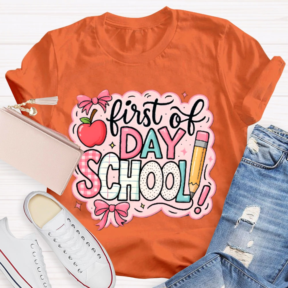 First Day Of School Pink Printed Bow And Apple T-shirt