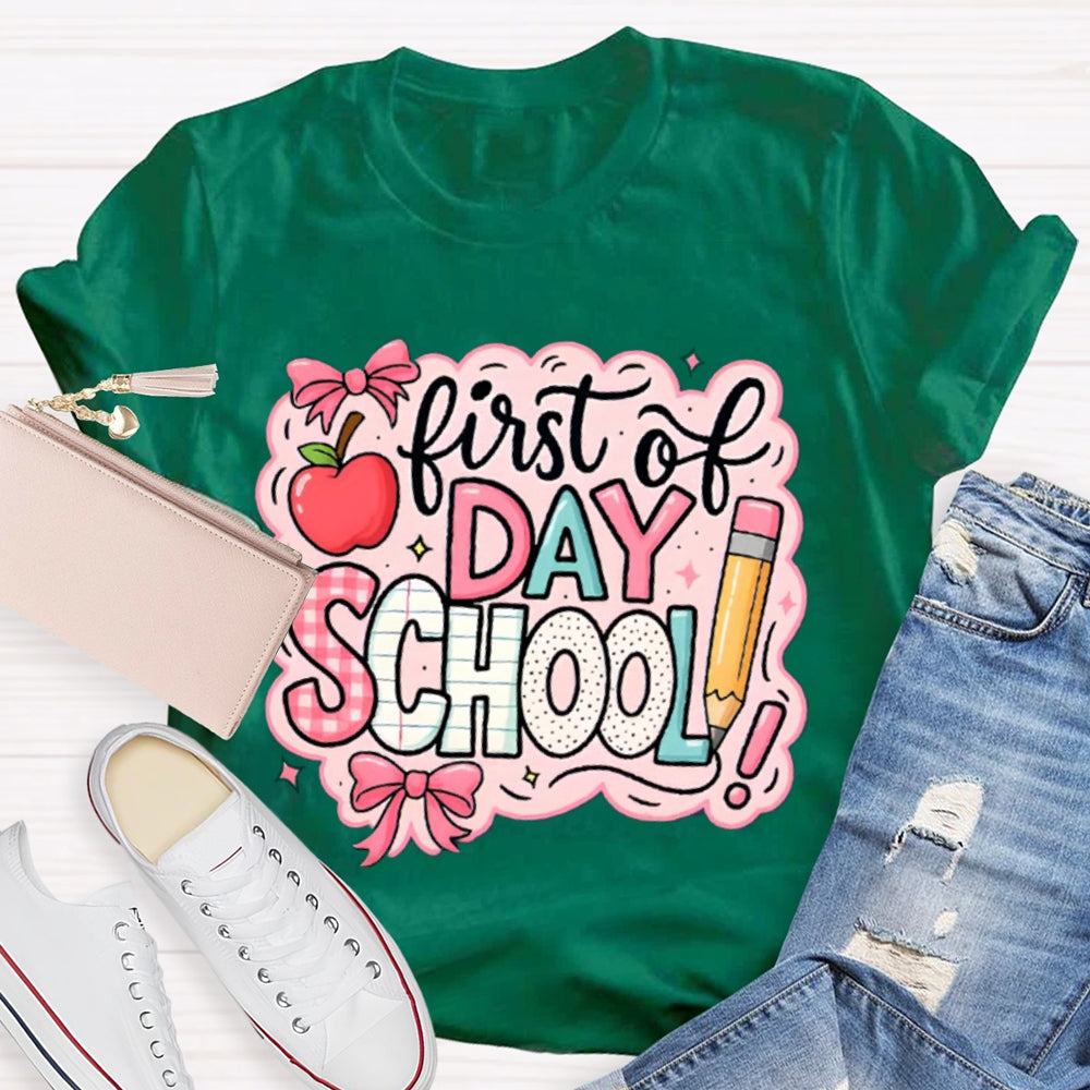 First Day Of School Pink Printed Bow And Apple T-shirt