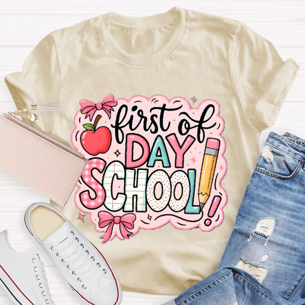 First Day Of School Pink Printed Bow And Apple T-shirt