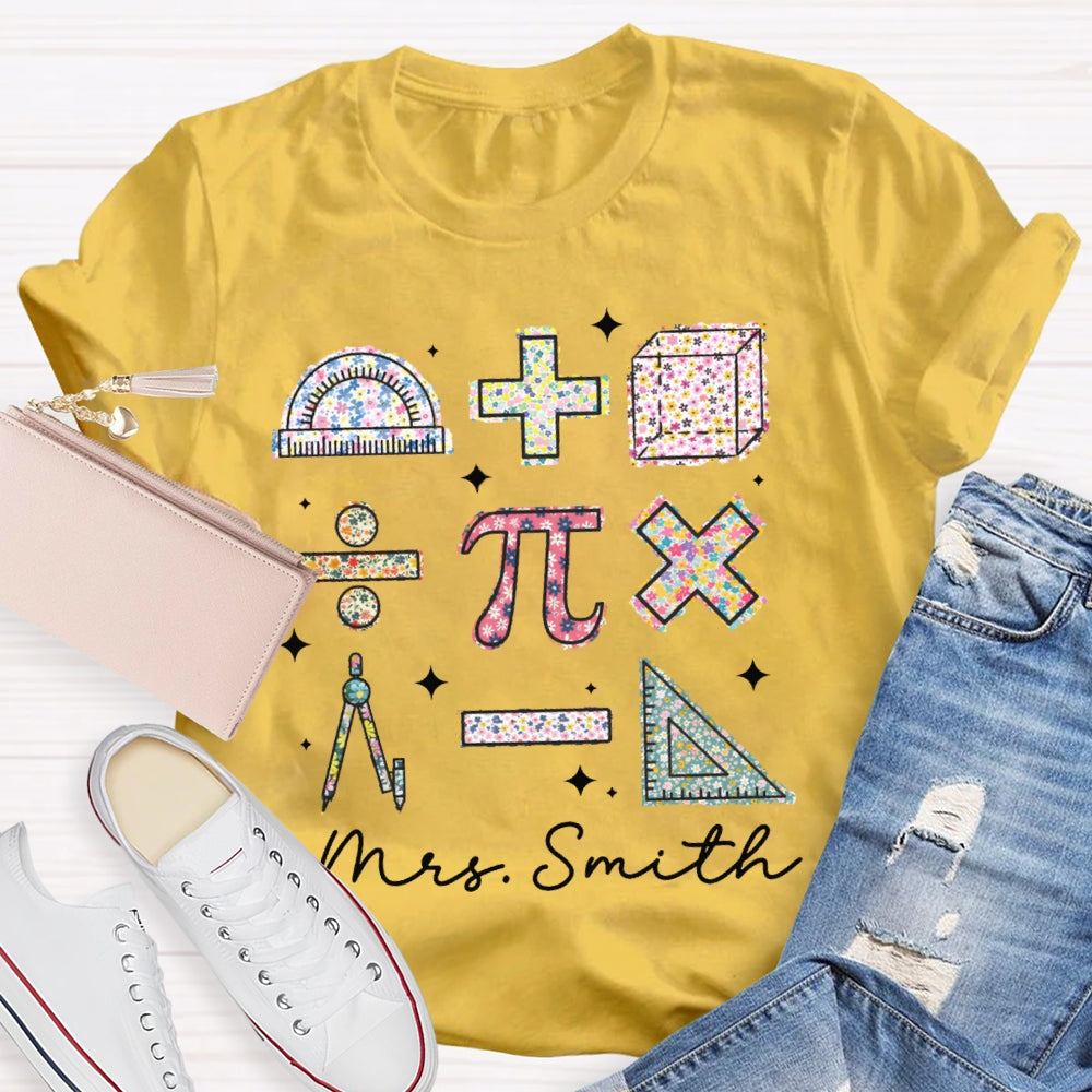 Personalized Name Colorful Tie-Dye Pattern Print Math Teacher T-shirt