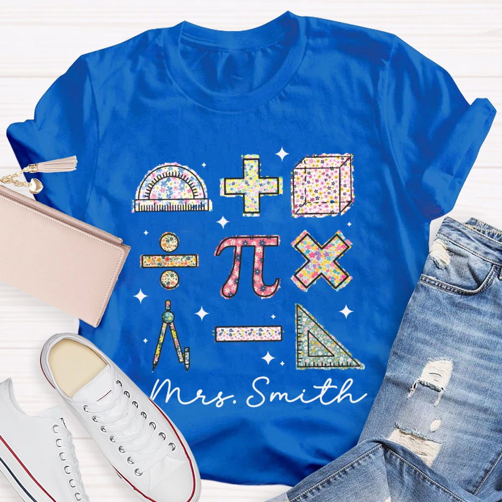 Personalized Name Colorful Tie-Dye Pattern Print Math Teacher T-shirt