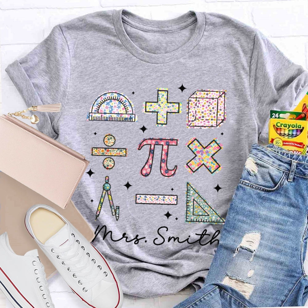 Personalized Name Colorful Tie-Dye Pattern Print Math Teacher T-shirt