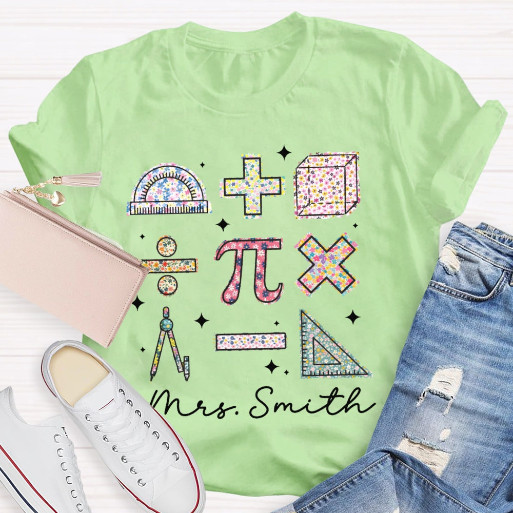 Personalized Name Colorful Tie-Dye Pattern Print Math Teacher T-shirt