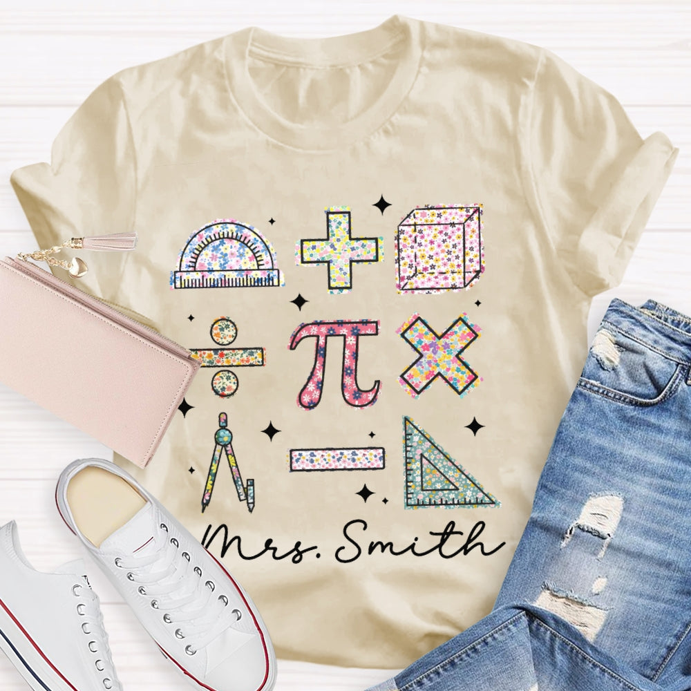 Personalized Name Colorful Tie-Dye Pattern Print Math Teacher T-shirt