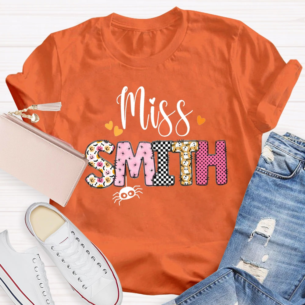 Personalized Name Pumpkin Spider Print T-Shirt