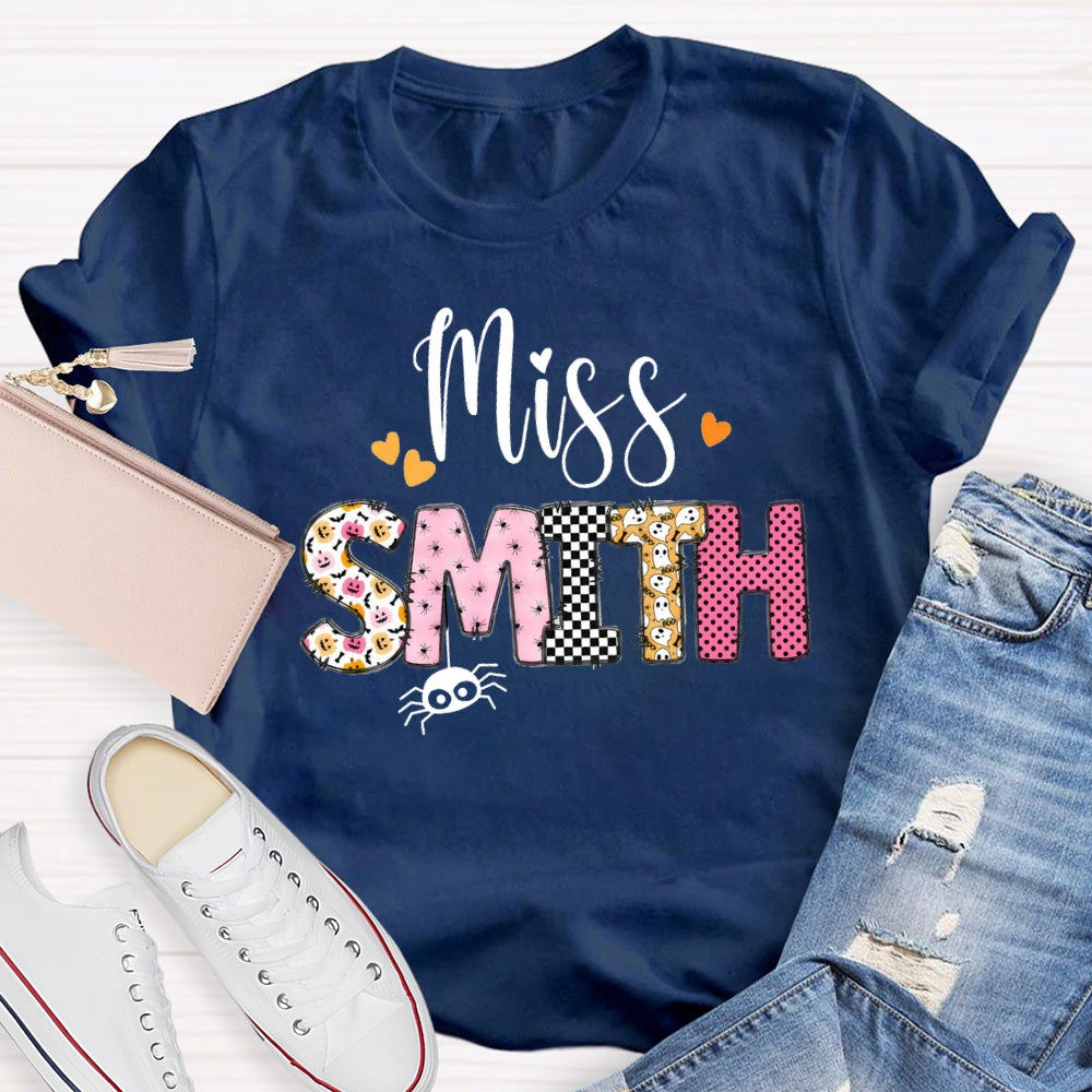 Personalized Name Pumpkin Spider Print T-Shirt