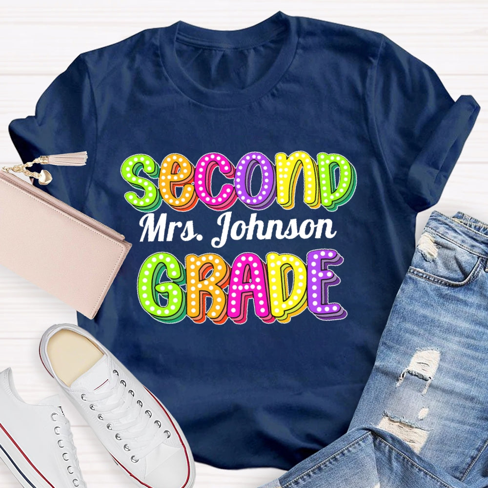 Personalized Name And Grade Second Grade Colored Polka Dots Letters T-shirt