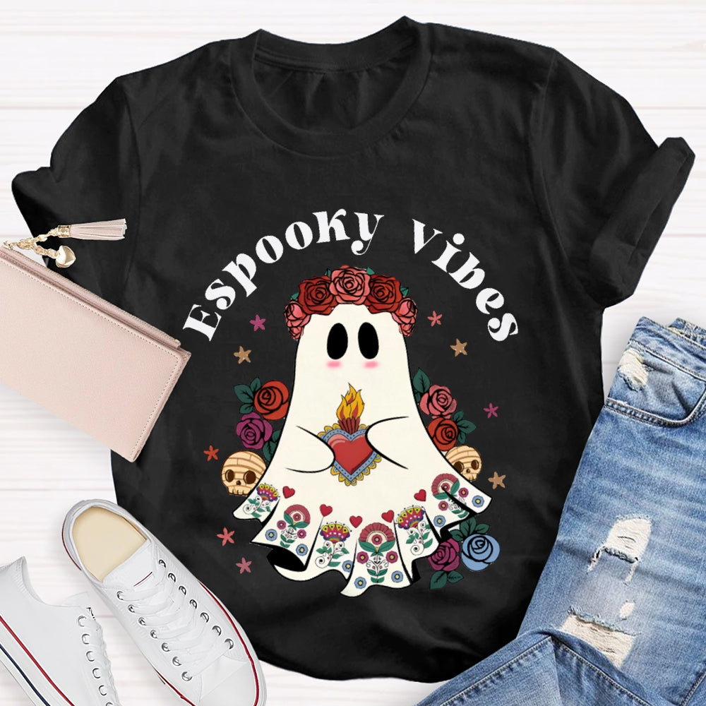Espooky Vibes Little Ghost Wearing A Rose Wreath Halloween T-shirt