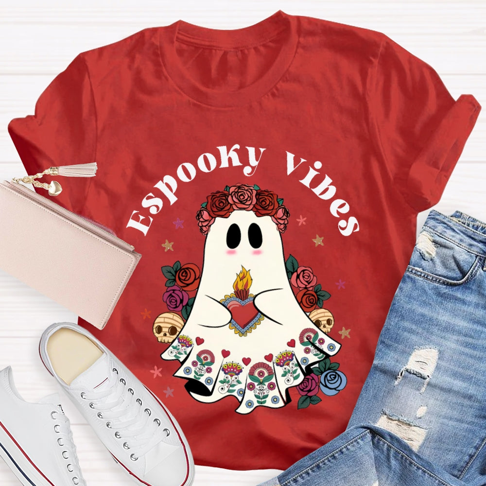 Espooky Vibes Little Ghost Wearing A Rose Wreath Halloween T-shirt