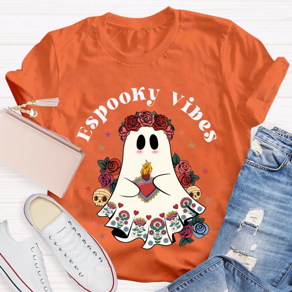 Espooky Vibes Little Ghost Wearing A Rose Wreath Halloween T-shirt