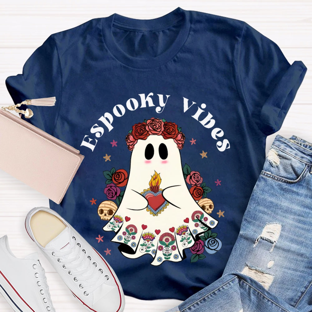 Espooky Vibes Little Ghost Wearing A Rose Wreath Halloween T-shirt