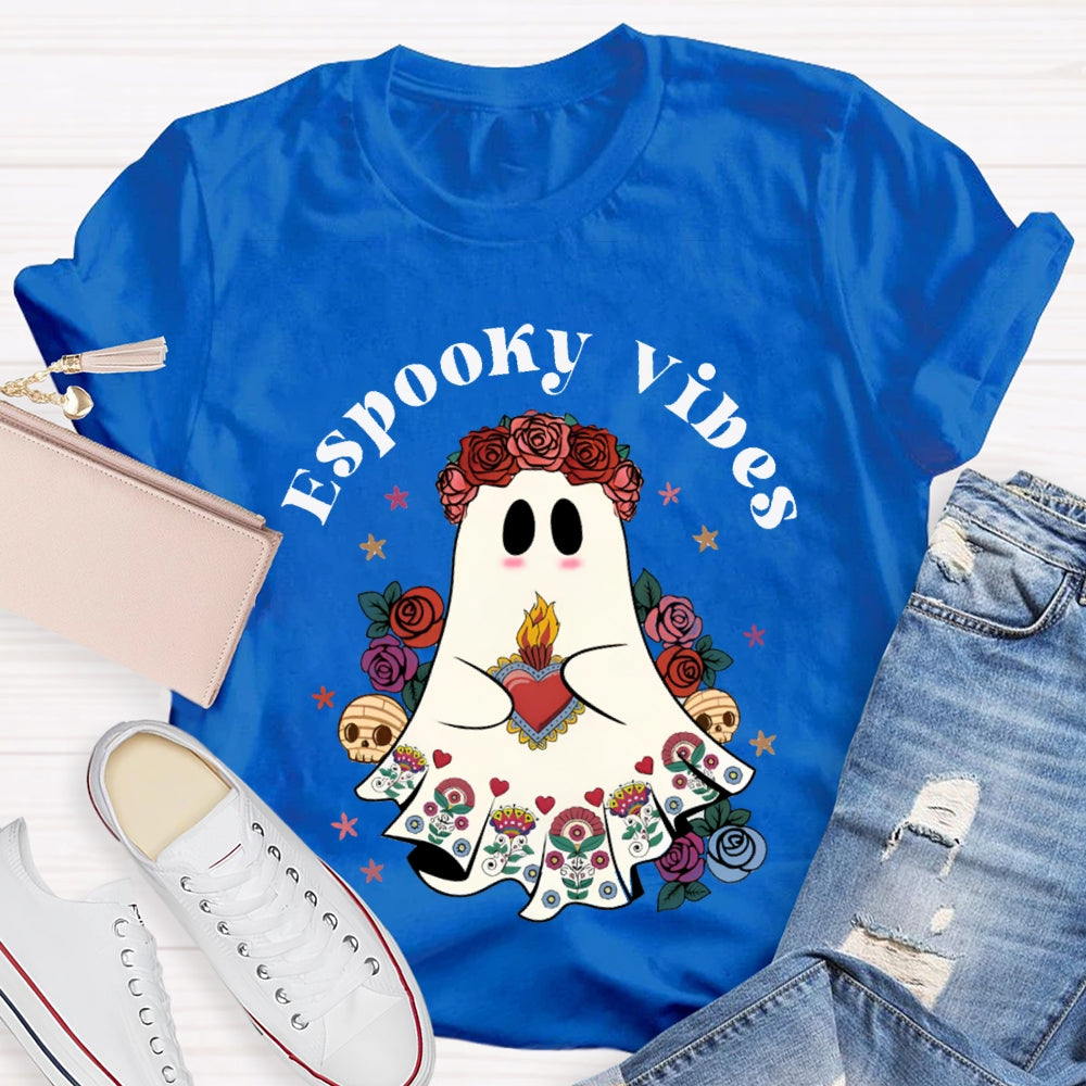 Espooky Vibes Little Ghost Wearing A Rose Wreath Halloween T-shirt