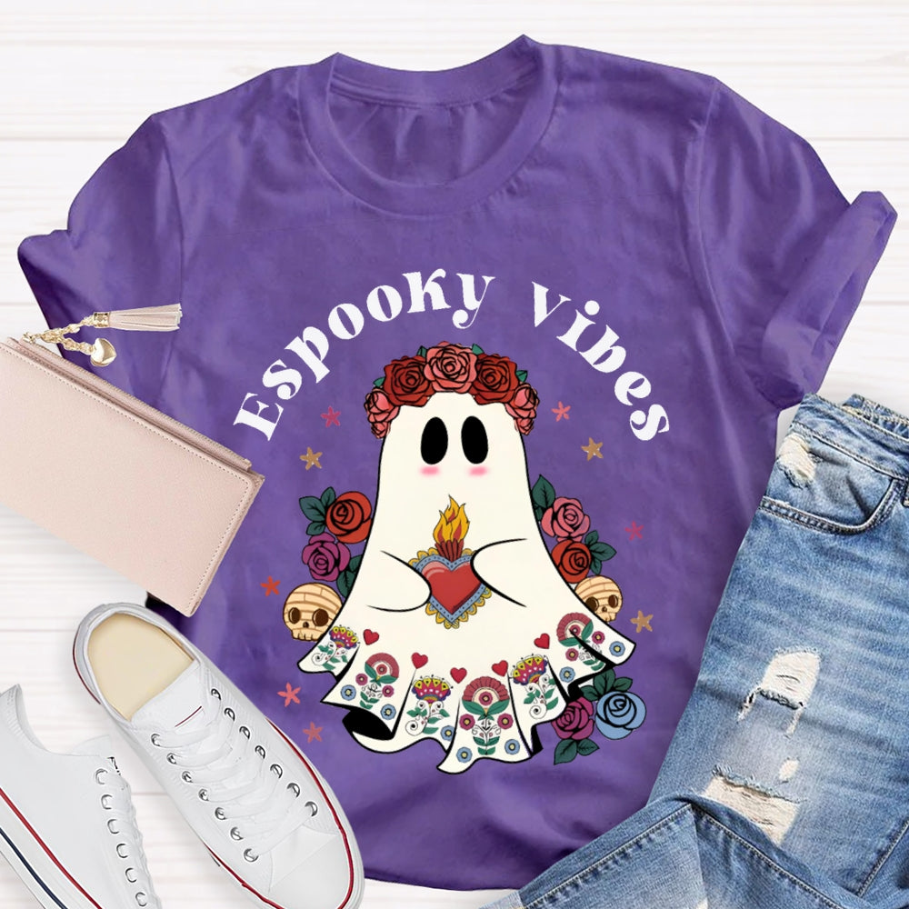 Espooky Vibes Little Ghost Wearing A Rose Wreath Halloween T-shirt
