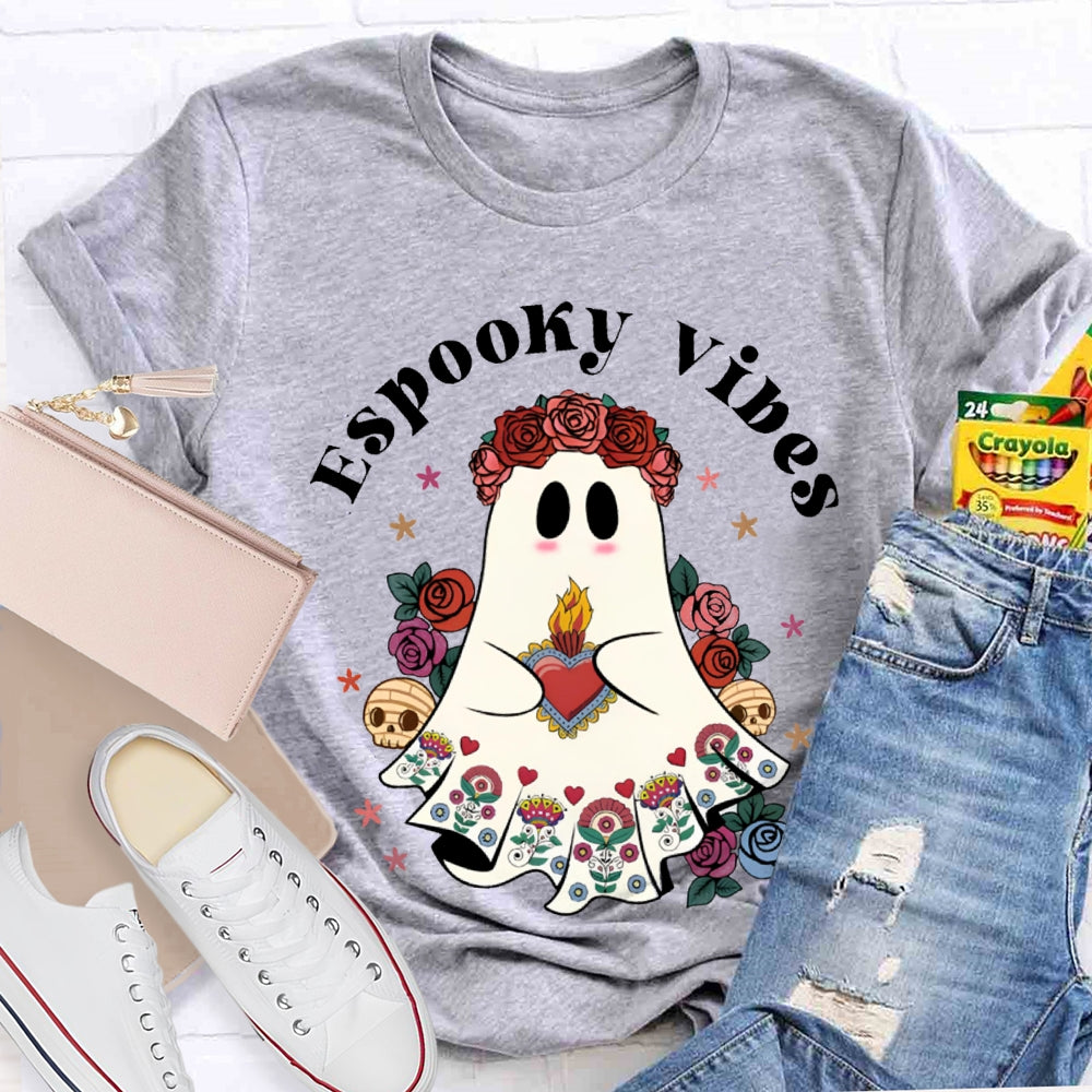 Espooky Vibes Little Ghost Wearing A Rose Wreath Halloween T-shirt