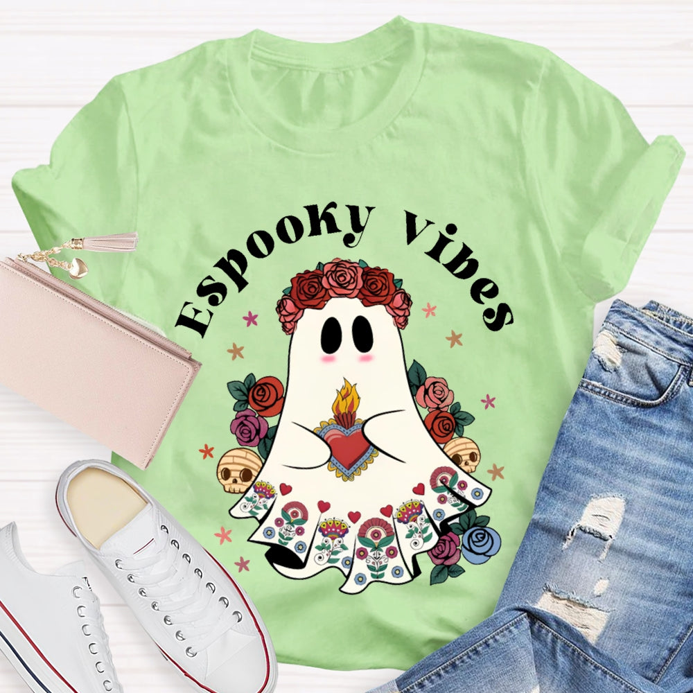 Espooky Vibes Little Ghost Wearing A Rose Wreath Halloween T-shirt