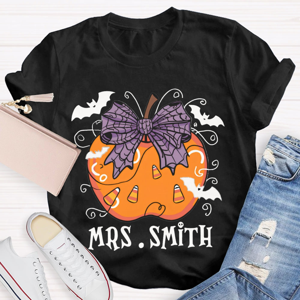 Personalized Name Purple Bow And Pumpkin Bat Halloween T-shirt